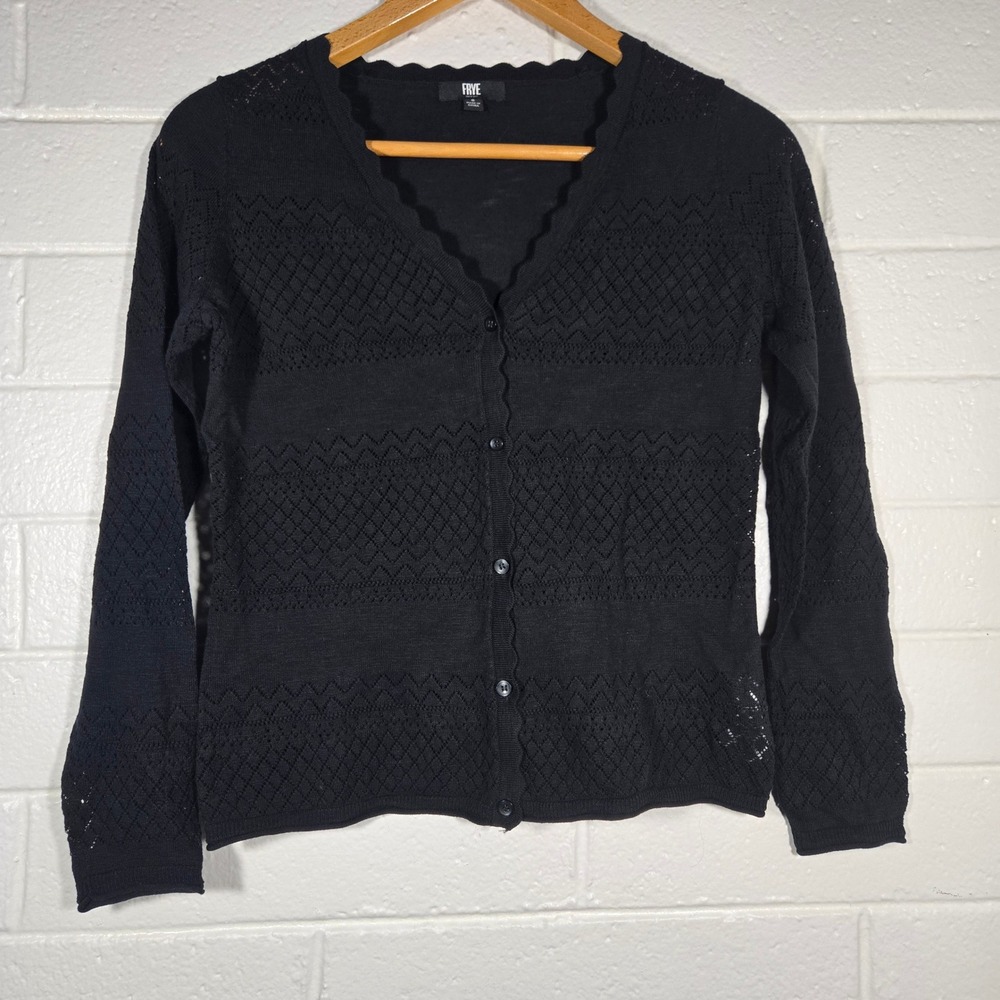 Frye Cardigan Small Black Pointelle Knit Scalloped Cotton Cottagecore Goth Emo